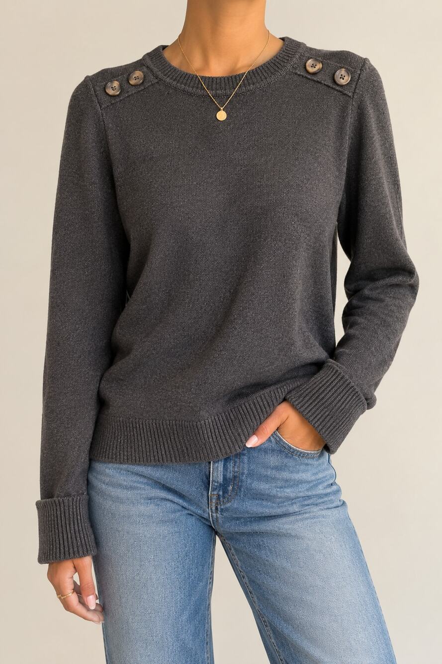 Pink Clover Gray/Green Crewneck Sweater Button Shoulder Cuffed Sleeves Women's M